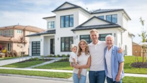 Famille souriante devant maison.