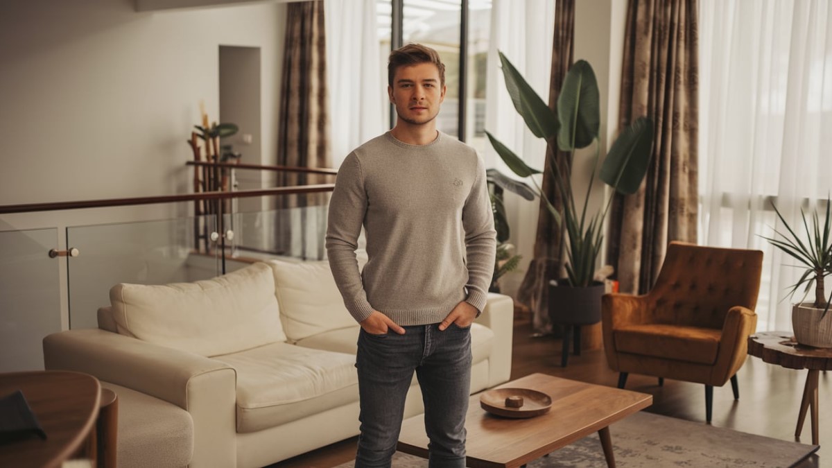 Homme dans salon lumineux
