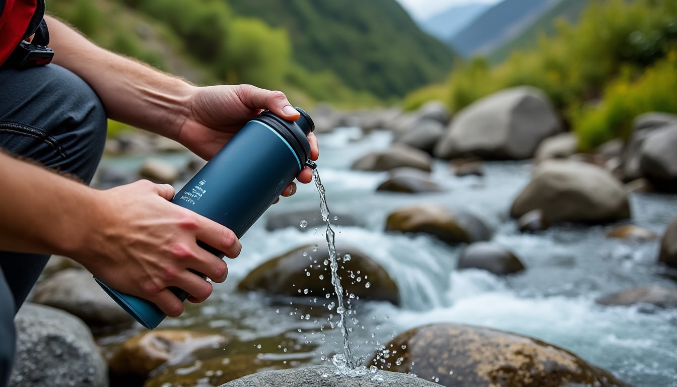 découvrez notre filtre à eau portable, l'accessoire indispensable pour les aventuriers soucieux de leur hydratation sécurisée en pleine nature.