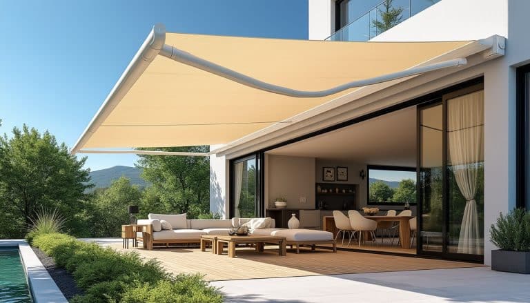 le store banne offre une protection efficace contre les rayons du soleil zénithal, assurant ainsi une terrasse ombragée et agréable tout au long de la journée.